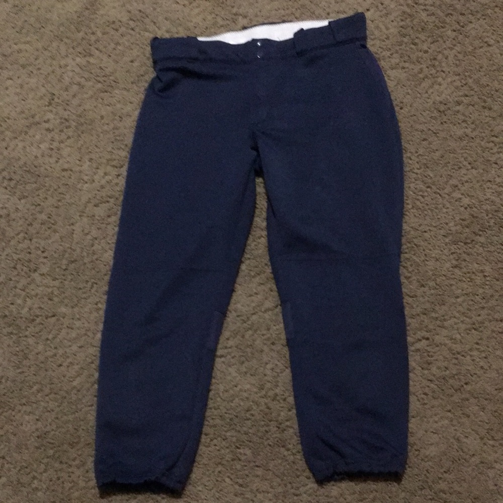Ladies Navy Magestic Sz L softball pants with elastic drawstring waist.